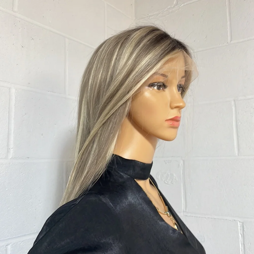 NWT ash blonde human hair wig highlights 100%virgin Remy preplucked hand tied 32